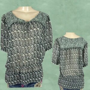 Rockmans 12 Green Floral Sheer Print Drop Elastic Waist Short Sleeve Blouse